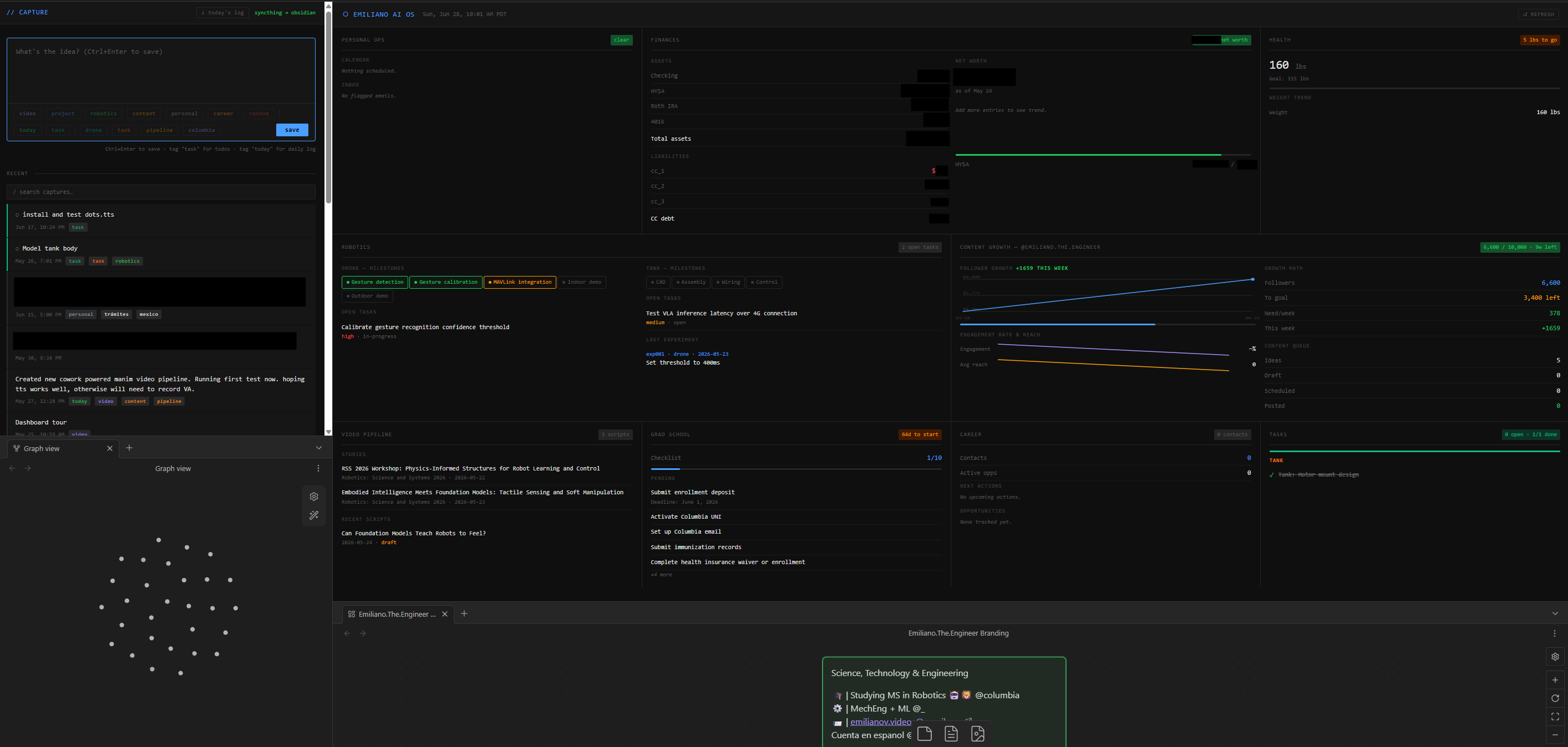 Capture and dashboard UI synced into Obsidian, shown alongside the graph view and a project canvas